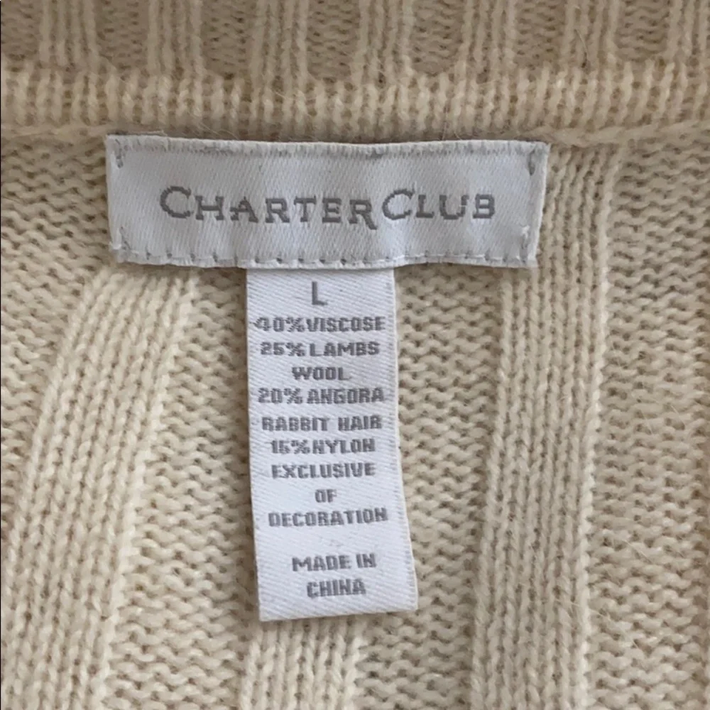 Charter Club Cable Knit Pearl Beaded Turtleneck Ivory White Ribbed Sweater L - Picture 4 of 4
